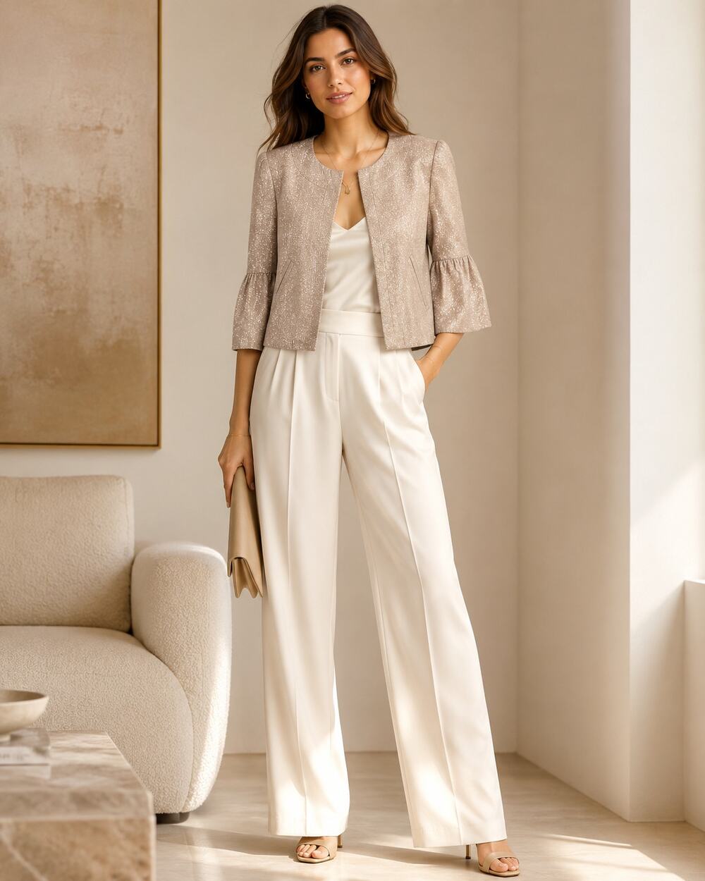 Diane Von Furstenberg Gold Cropped Ruffled Jacket Womens 4 Linen Silk Neutral